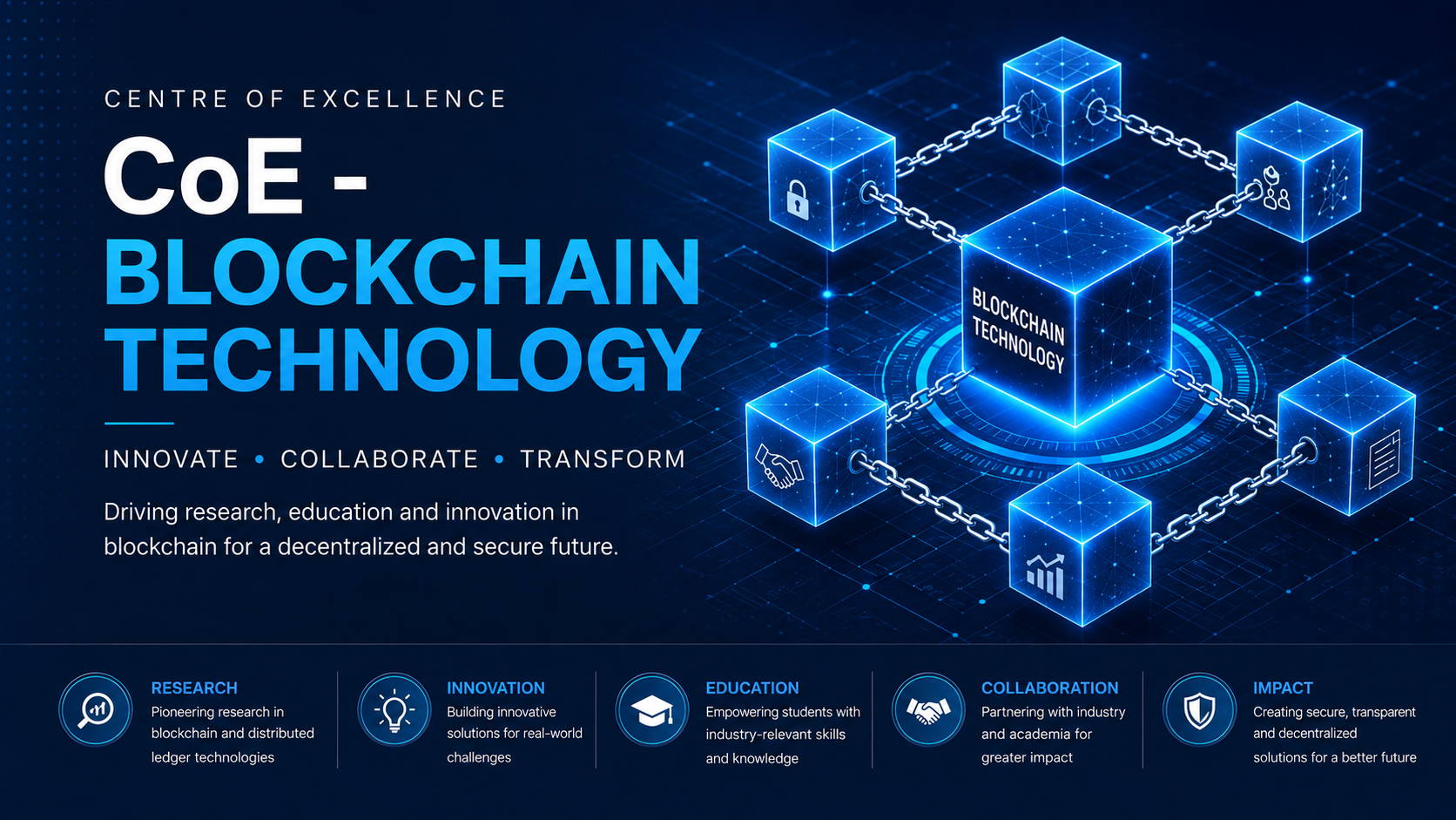 Centre of Excellence — CoE Blockchain Technology. Innovate, Collaborate, Transform. Driving research, education and innovation in blockchain for a decentralized and secure future.
